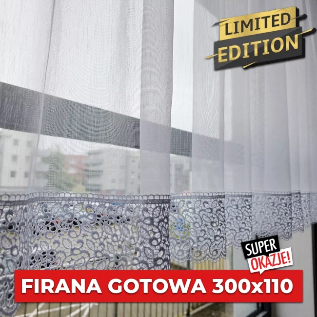 Firana gotowa 300x110 krótka IWONA z gipiurą (limitowana kolekcja) - na karnisz 120-200cm